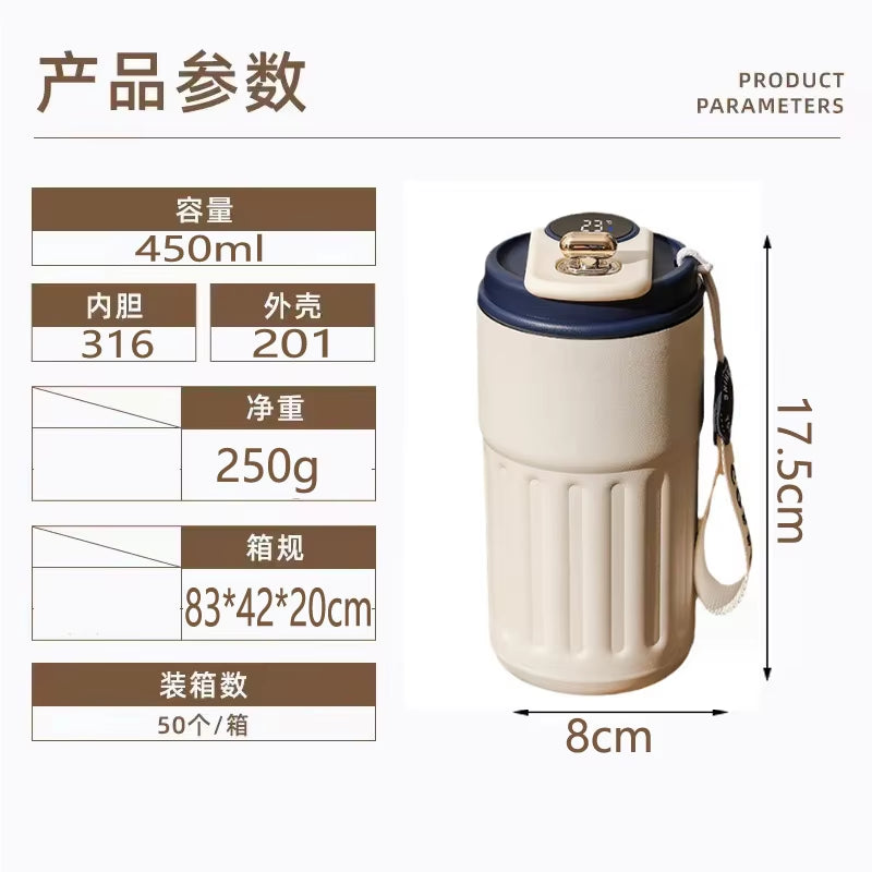 Botella térmica de 450 ml con pantalla inteligente de temperatura, vaso al vacío de acero inoxidable 316, taza de café para oficina, vaso térmico portátil para negocios.